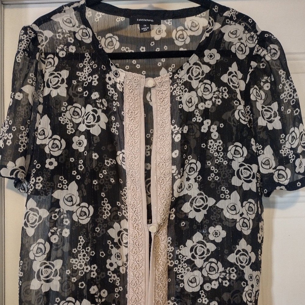 R&M Richards Black and Cream Floral Sheer Blouse